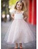 Pearl Straps Shimmering Tulle Tea Length Flower Girl Dress